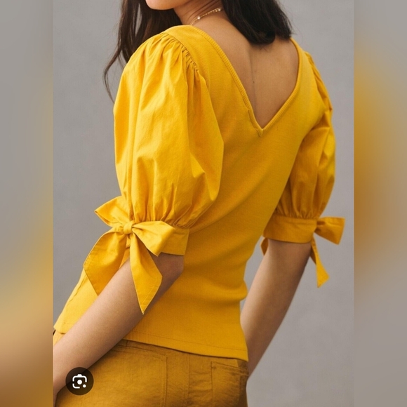 Anthropologie Maeve Puff Sleeves Bow Tie Ribbed Cotton V Neck Blouse S Tan Brown - Picture 9 of 9